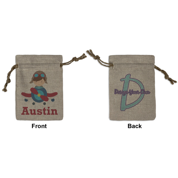 Custom Airplane & Pilot Small Burlap Gift Bag - Front & Back (Personalized)