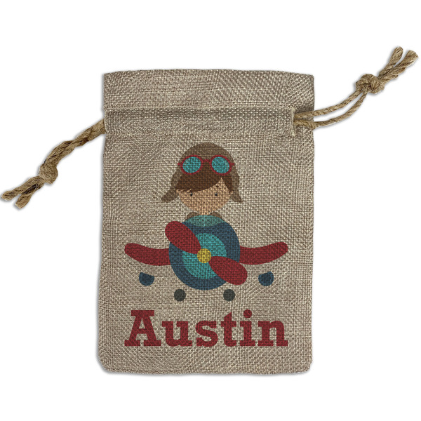 Custom Airplane & Pilot Small Burlap Gift Bag - Front (Personalized)