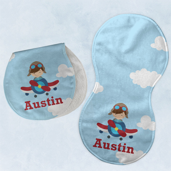 Custom Airplane & Pilot Burp Pads - Velour - Set of 2 w/ Name or Text