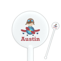 Airplane & Pilot 5.5" Round Plastic Stir Sticks - White - Single Sided (Personalized)