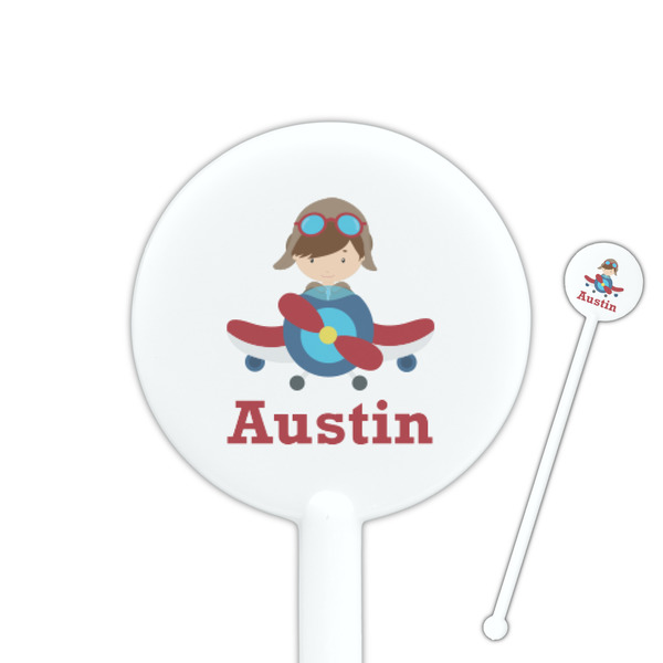 Custom Airplane & Pilot 5.5" Round Plastic Stir Sticks - White - Single Sided (Personalized)