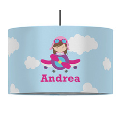 Airplane & Girl Pilot 12" Drum Pendant Lamp - Fabric (Personalized)