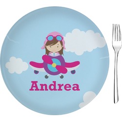 Airplane & Girl Pilot Glass Appetizer / Dessert Plate 8" (Personalized)