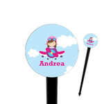 Airplane & Girl Pilot 4" Round Plastic Food Picks - Black - Single Sided (Personalized)