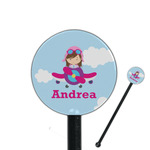 Airplane & Girl Pilot 5.5" Round Plastic Stir Sticks - Black - Double Sided (Personalized)