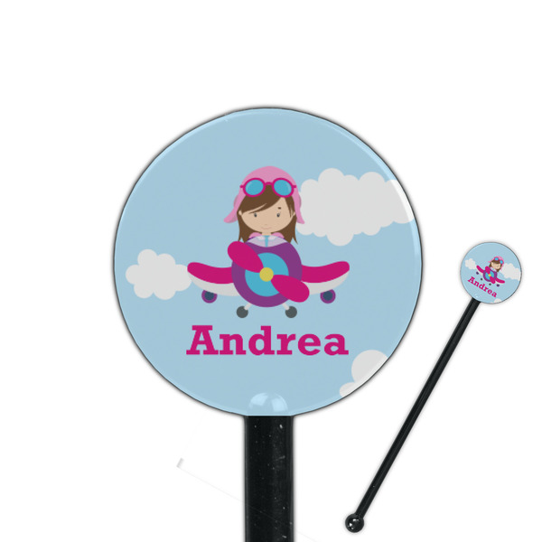 Custom Airplane & Girl Pilot 5.5" Round Plastic Stir Sticks - Black - Double Sided (Personalized)