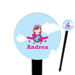 Airplane & Girl Pilot 6" Round Plastic Food Picks - Black - Double Sided (Personalized)