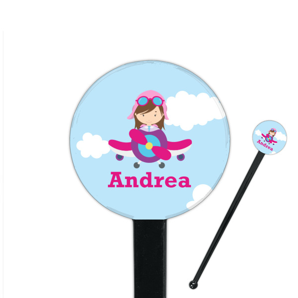 Custom Airplane & Girl Pilot 7" Round Plastic Stir Sticks - Black - Double Sided (Personalized)