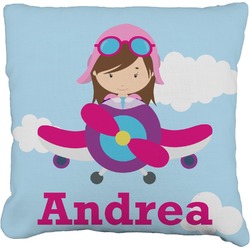 Airplane & Girl Pilot Faux-Linen Throw Pillow 16" (Personalized)