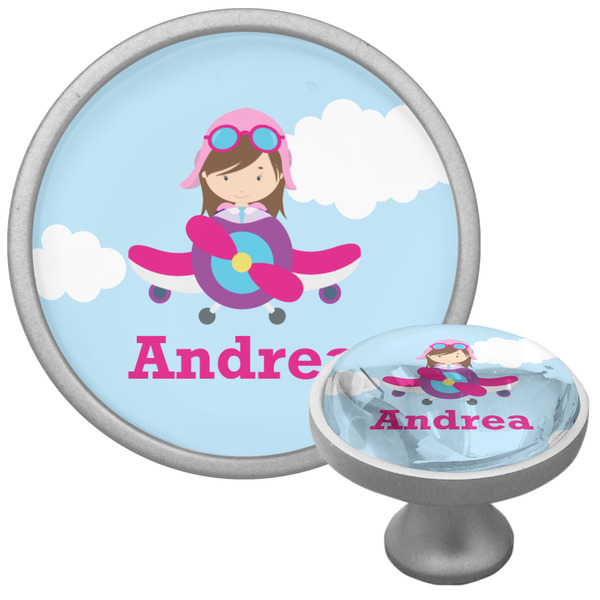 Custom Airplane & Girl Pilot Cabinet Knob (Silver) (Personalized)