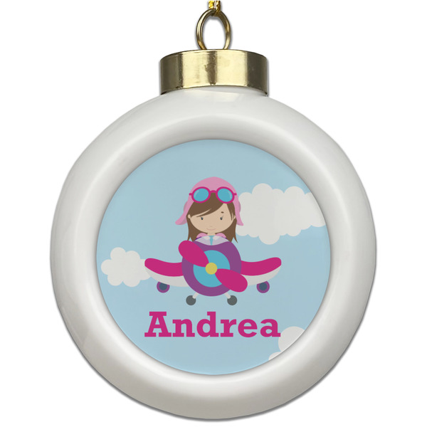 Custom Airplane & Girl Pilot Ceramic Ball Ornament (Personalized)