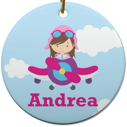 Airplane & Girl Pilot Round Ceramic Ornament w/ Name or Text