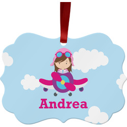 Airplane & Girl Pilot Metal Frame Ornament - Double Sided w/ Name or Text