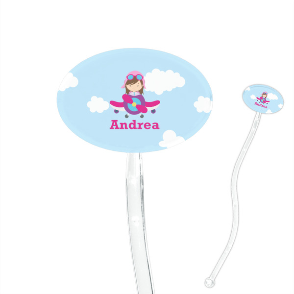 Custom Airplane & Girl Pilot 7" Oval Plastic Stir Sticks - Clear (Personalized)