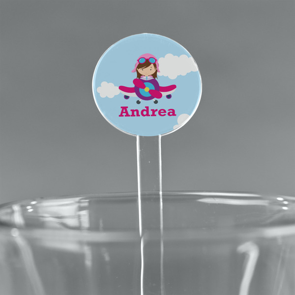 Custom Airplane & Girl Pilot 7" Round Plastic Stir Sticks - Clear (Personalized)