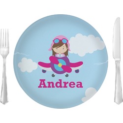 Airplane & Girl Pilot Glass Lunch / Dinner Plate 10" (Personalized)