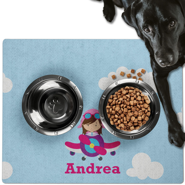 Custom Airplane & Girl Pilot Dog Food Mat - Large w/ Name or Text