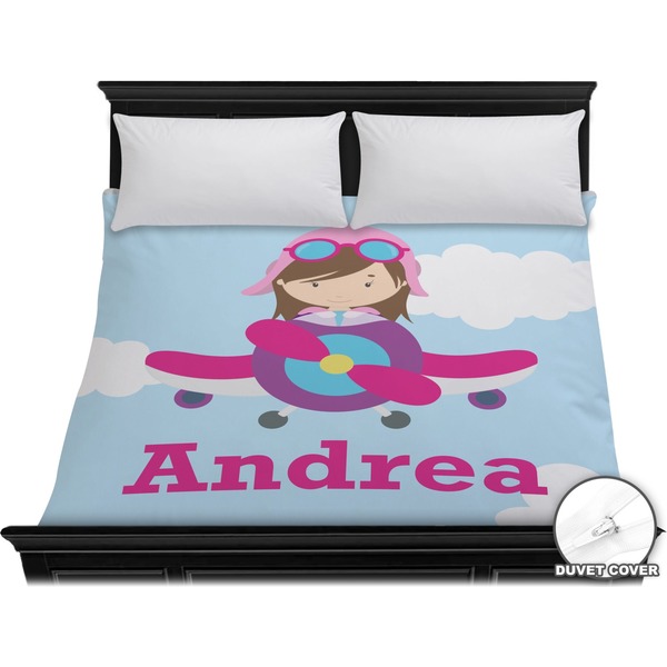 Custom Airplane & Girl Pilot Duvet Cover - King (Personalized)