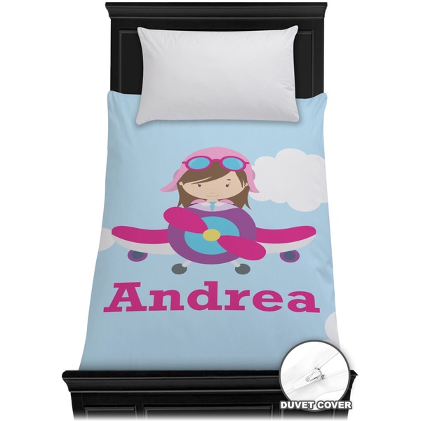 Custom Airplane & Girl Pilot Duvet Cover - Twin (Personalized)