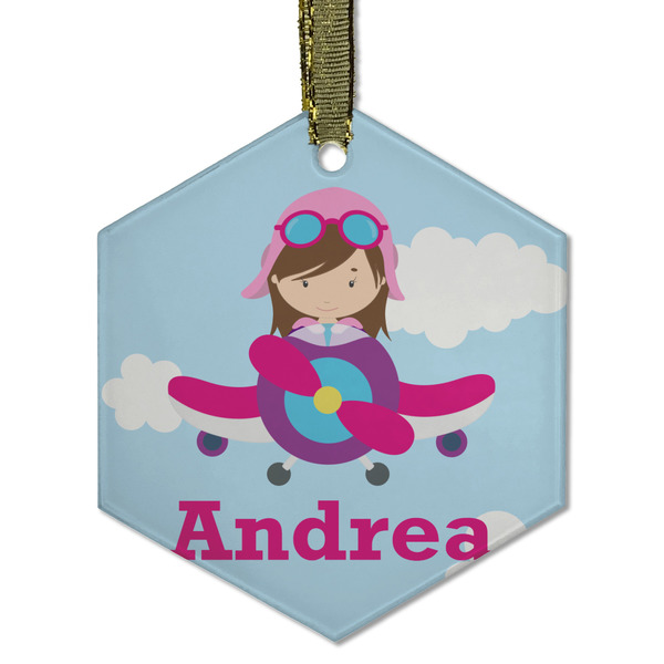 Custom Airplane & Girl Pilot Flat Glass Ornament - Hexagon w/ Name or Text