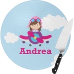 Airplane & Girl Pilot Round Glass Cutting Board (Personalized)