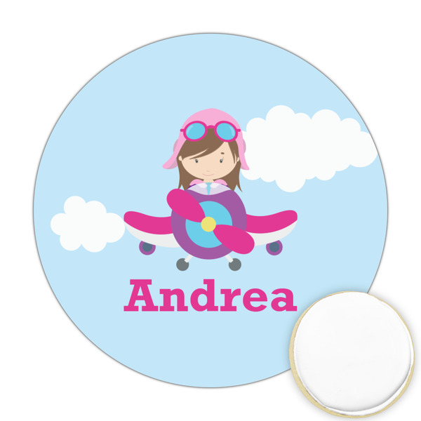 Custom Airplane & Girl Pilot Printed Cookie Topper - Round (Personalized)