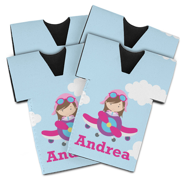 Custom Airplane & Girl Pilot Jersey Bottle Cooler - Set of 4 (Personalized)