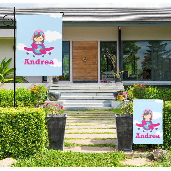 Custom Airplane & Girl Pilot Large Garden Flag - Double Sided (Personalized)