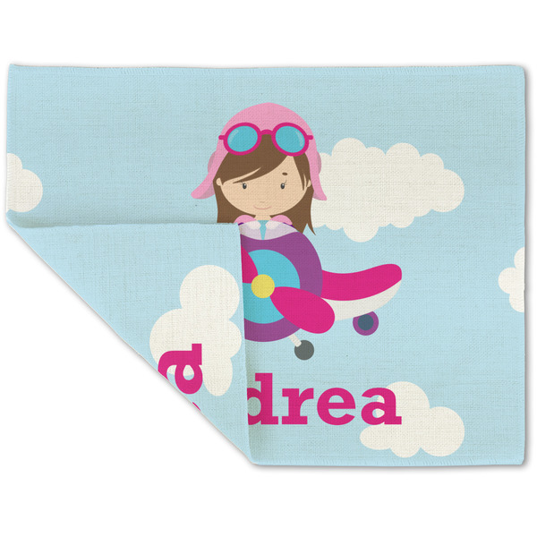 Custom Airplane & Girl Pilot Double-Sided Linen Placemat - Single w/ Name or Text