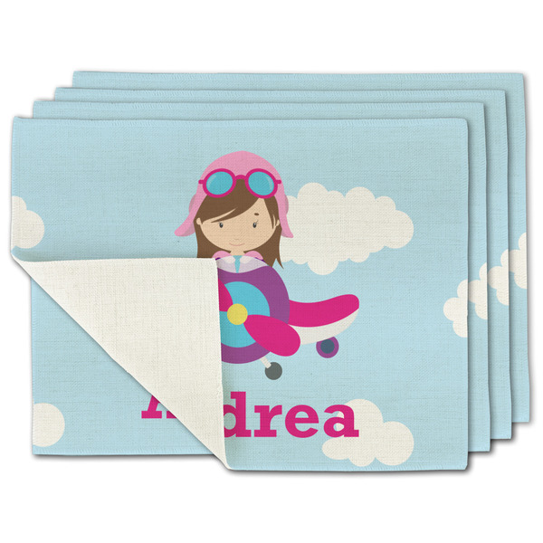 Custom Airplane & Girl Pilot Single-Sided Linen Placemat - Set of 4 w/ Name or Text