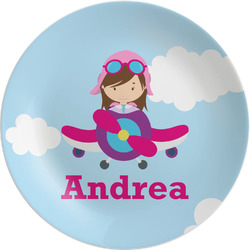 Airplane & Girl Pilot Melamine Salad Plate - 8" (Personalized)