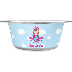 Airplane & Girl Pilot Stainless Steel Dog Bowl - Large (Personalized)