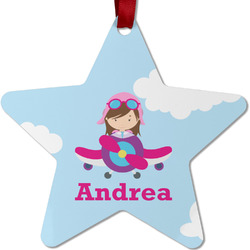 Airplane & Girl Pilot Metal Star Ornament - Double Sided w/ Name or Text