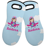 Airplane & Girl Pilot Neoprene Oven Mitts - Set of 2 w/ Name or Text