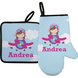 Airplane & Girl Pilot Right Oven Mitt & Pot Holder Set w/ Name or Text