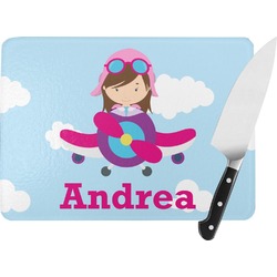 Airplane & Girl Pilot Rectangular Glass Cutting Board - Large - 15.25"x11.25" w/ Name or Text