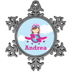 Airplane & Girl Pilot Vintage Snowflake Ornament (Personalized)