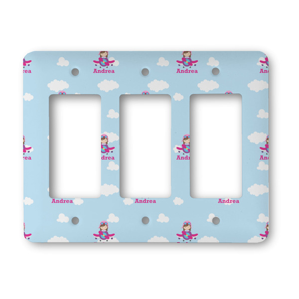 Custom Airplane & Girl Pilot Rocker Style Light Switch Cover - Three Switch (Personalized)