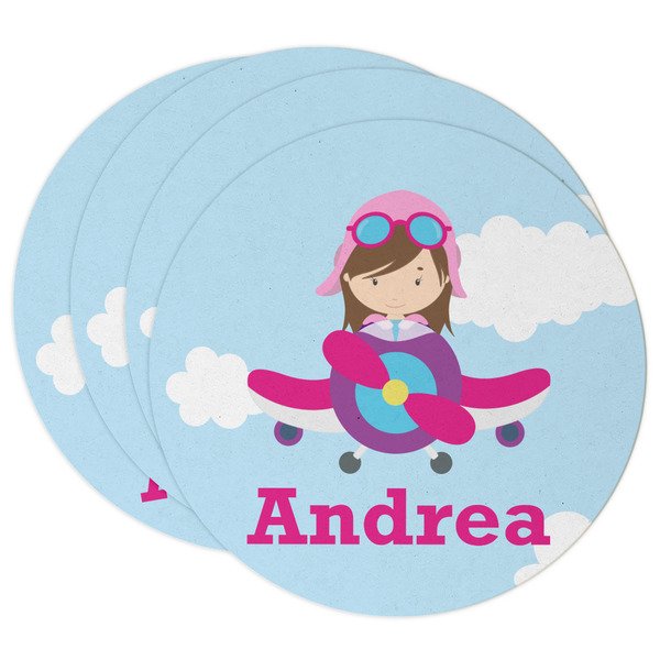 Custom Airplane & Girl Pilot Round Paper Coasters w/ Name or Text