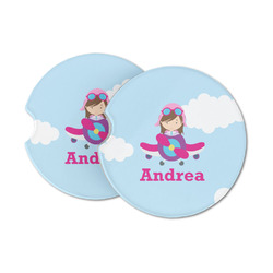 Airplane & Girl Pilot Sandstone Car Coasters - Set of 2 (Personalized)