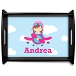 Airplane & Girl Pilot Black Wooden Tray - Large (Personalized)