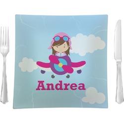 Airplane & Girl Pilot 9.5" Glass Square Lunch / Dinner Plate- Single or Set of 4 (Personalized)