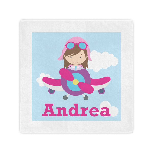 Custom Airplane & Girl Pilot Standard Cocktail Napkins (Personalized)