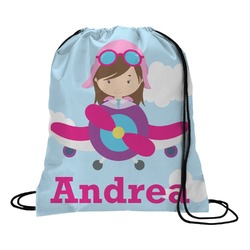 Airplane & Girl Pilot Drawstring Backpack - Large (Personalized)