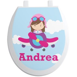 Airplane & Girl Pilot Toilet Seat Decal - Round (Personalized)