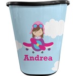 Airplane & Girl Pilot Waste Basket - Single Sided (Black) (Personalized)