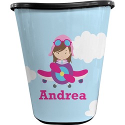 Airplane & Girl Pilot Waste Basket - Double Sided (Black) (Personalized)