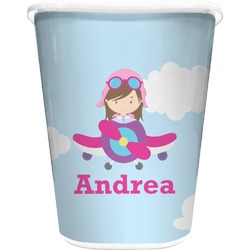 Airplane & Girl Pilot Waste Basket - Double Sided (White) (Personalized)