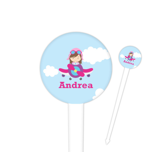 Custom Airplane & Girl Pilot 4" Round Plastic Food Picks - White - Single Sided (Personalized)