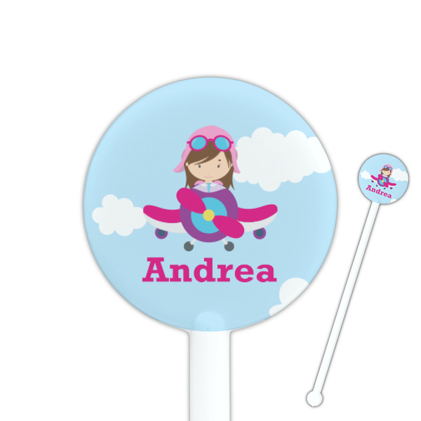 Custom Airplane & Girl Pilot 5.5" Round Plastic Stir Sticks - White - Double Sided (Personalized)